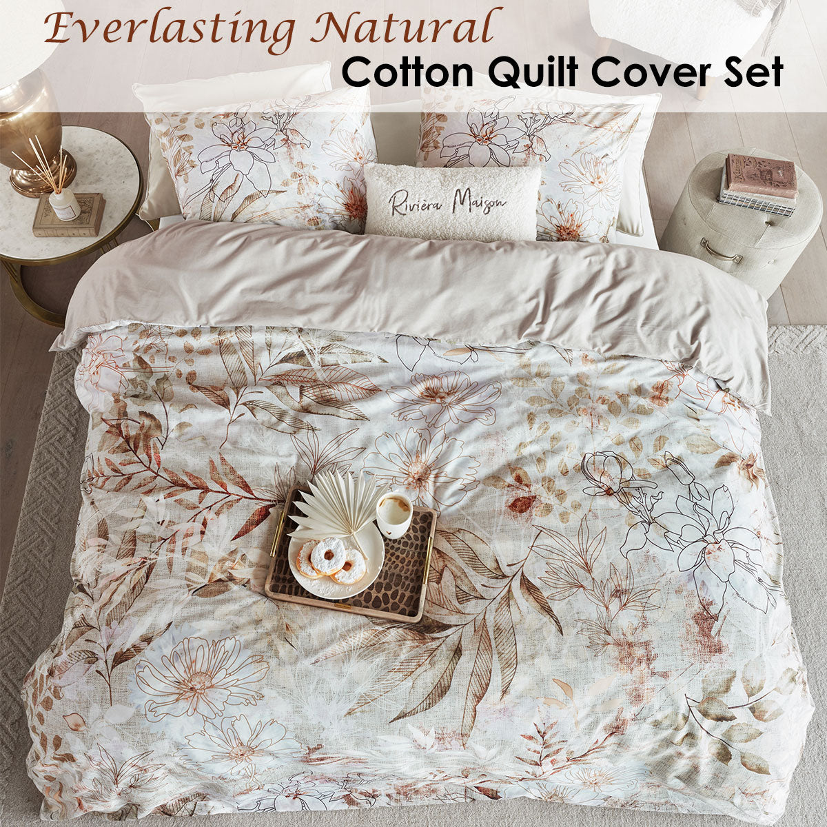 Riviera Maison Everlasting Natural Cotton Quilt Cover Set featuring floral and leaf patterns on a textured background, ideal for a chic bedroom decor.