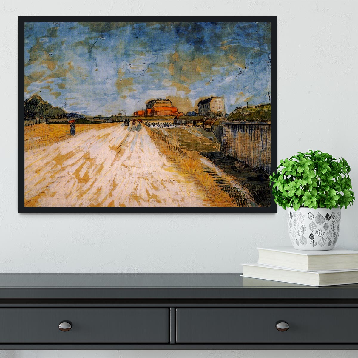 Framed print of Van Gogh's 'Road Running Beside the Paris Ramparts', showcasing vibrant colors and dynamic brush strokes.