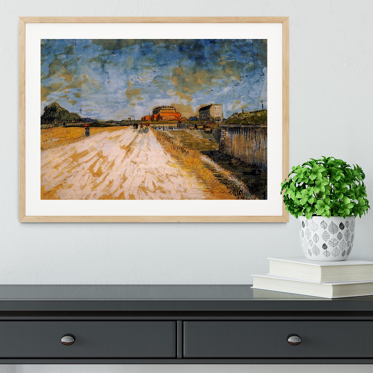 Framed print of Van Gogh's 'Road Running Beside the Paris Ramparts', showcasing vibrant colors and dynamic brush strokes.