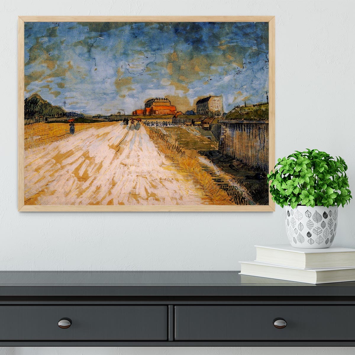 Framed print of Van Gogh's 'Road Running Beside the Paris Ramparts', showcasing vibrant colors and dynamic brush strokes.