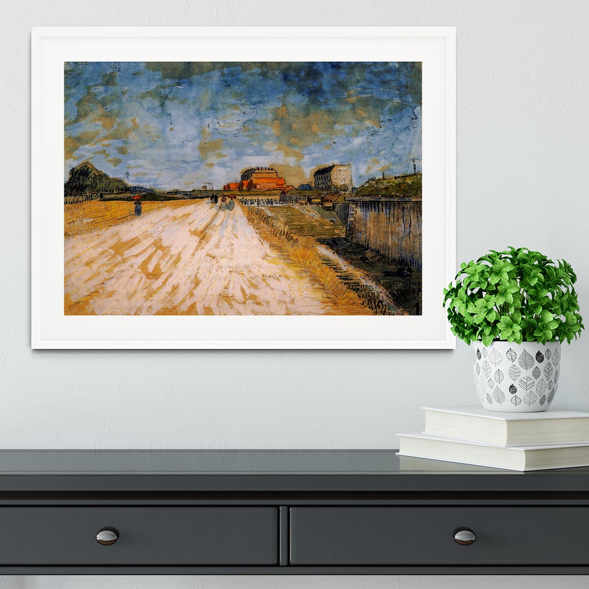 Framed print of Van Gogh's 'Road Running Beside the Paris Ramparts', showcasing vibrant colors and dynamic brush strokes.