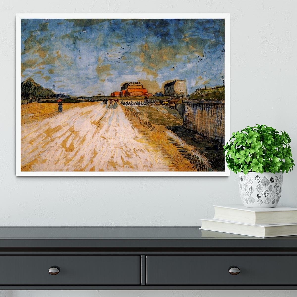 Framed print of Van Gogh's 'Road Running Beside the Paris Ramparts', showcasing vibrant colors and dynamic brush strokes.