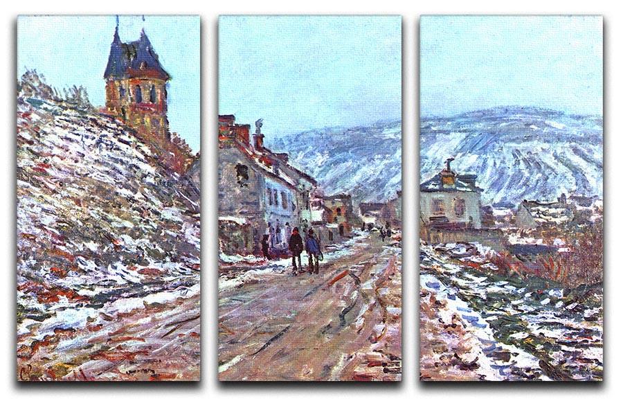 Three-panel canvas print of Monet's Road to Vetheuil in winter, showcasing a serene winter landscape with trees and a pathway.