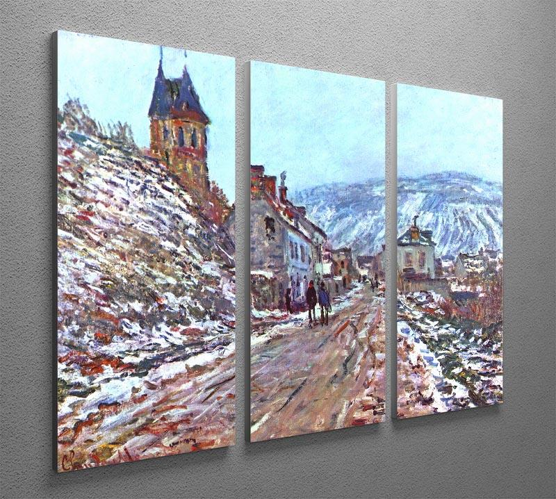 Three-panel canvas print of Monet's Road to Vetheuil in winter, showcasing a serene winter landscape with trees and a pathway.