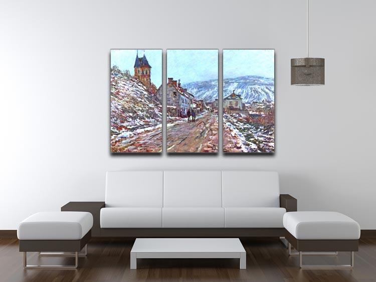 Three-panel canvas print of Monet's Road to Vetheuil in winter, showcasing a serene winter landscape with trees and a pathway.