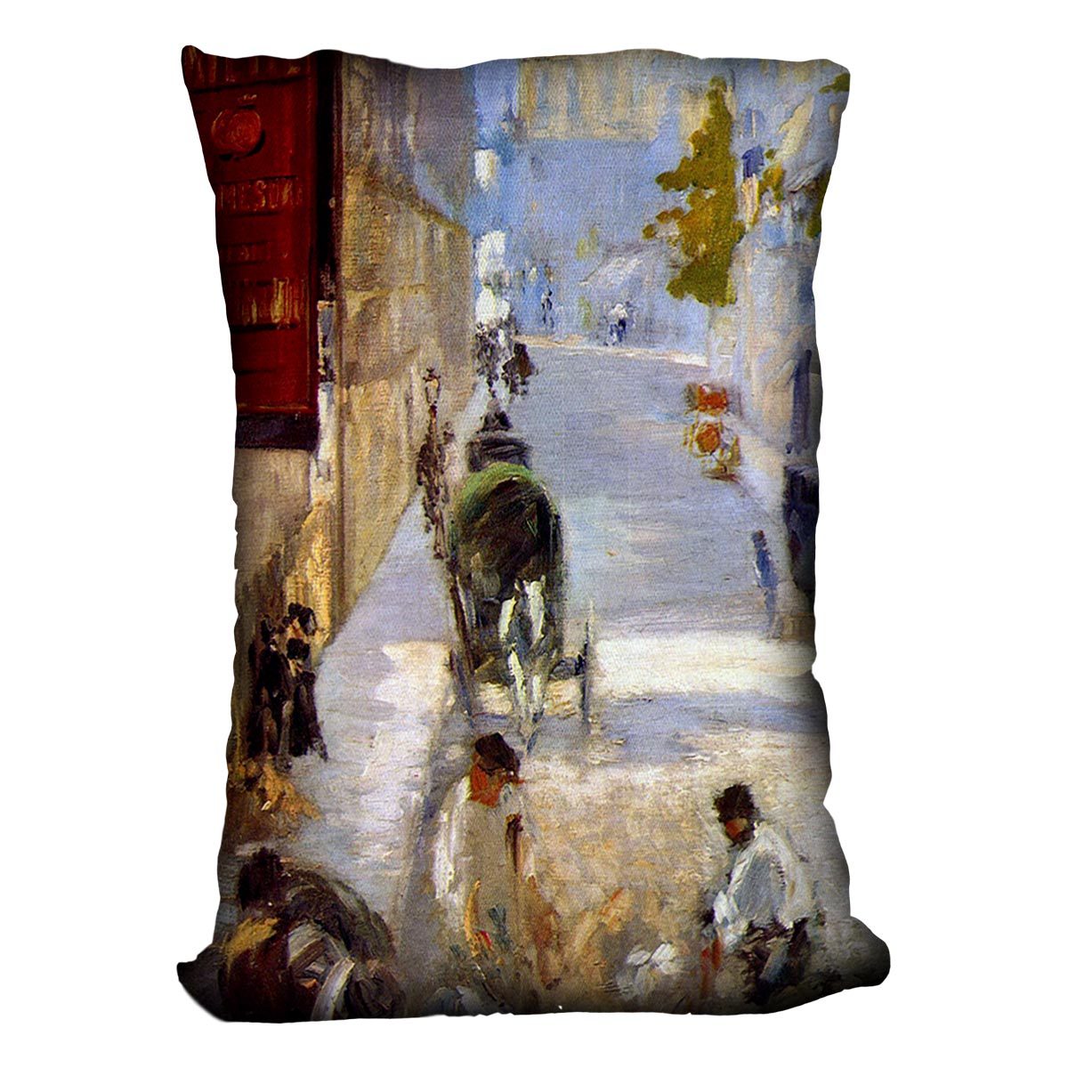 A vibrant cushion featuring the Road workers rue de Berne detail by Manet, made from luxurious vegan faux suede with a colorful abstract design.
