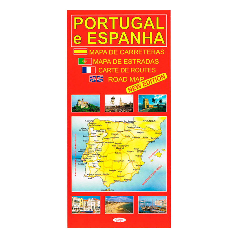 Detailed roadmap of Portugal and Spain showing highways, main roads, and inset maps of major cities.
