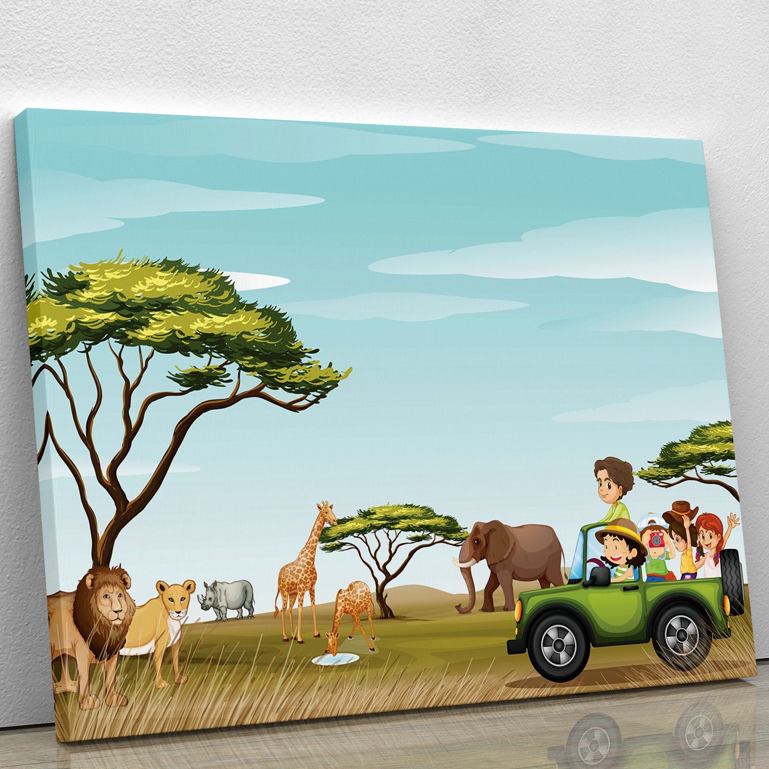 A vibrant canvas print featuring a scenic roadtrip in a field filled with various animals, showcasing nature's beauty.