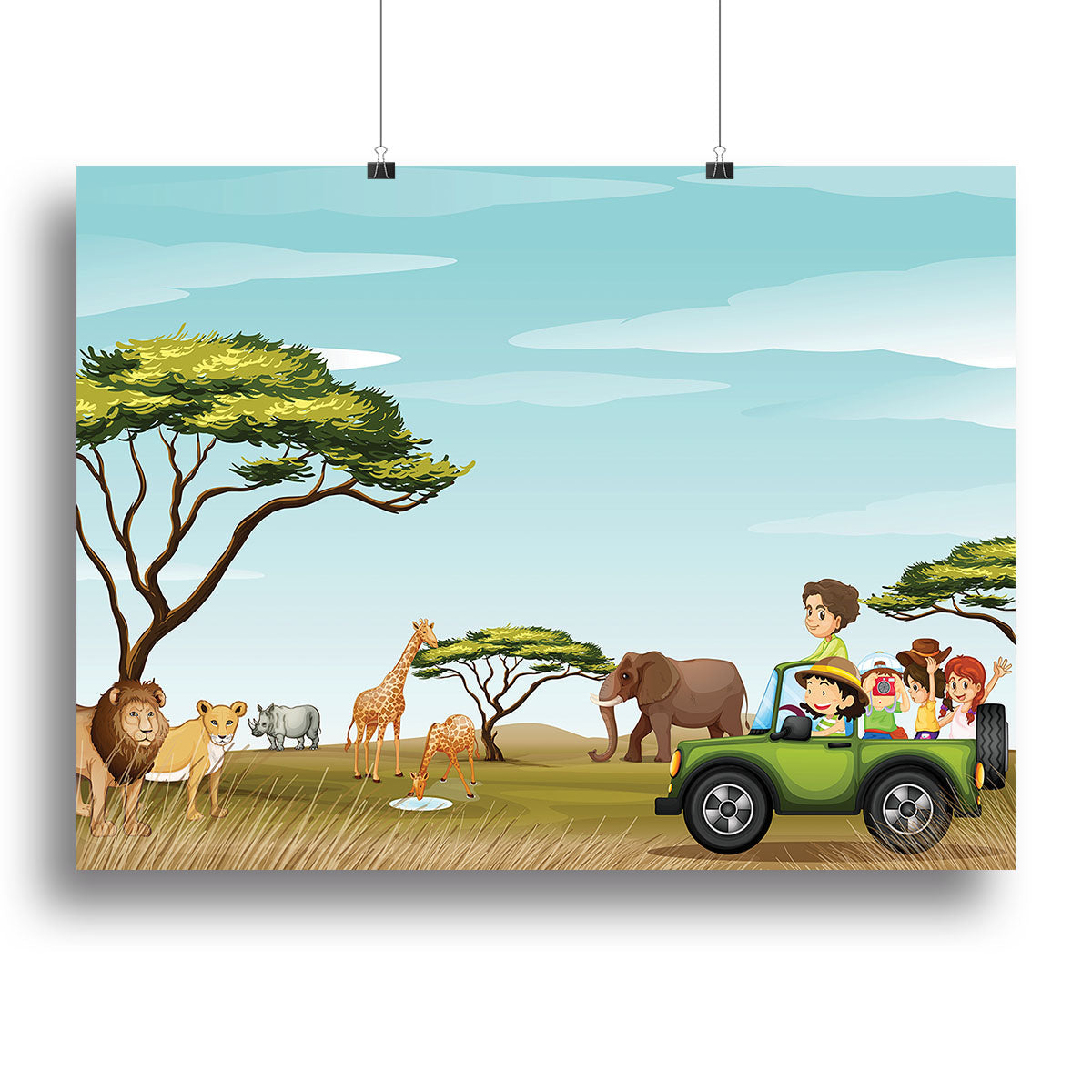 A vibrant canvas print featuring a scenic roadtrip in a field filled with various animals, showcasing nature's beauty.