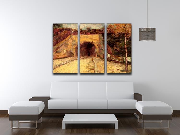 Three-panel canvas art featuring Van Gogh's Roadway with Underpass, showcasing vibrant colors and intricate details.