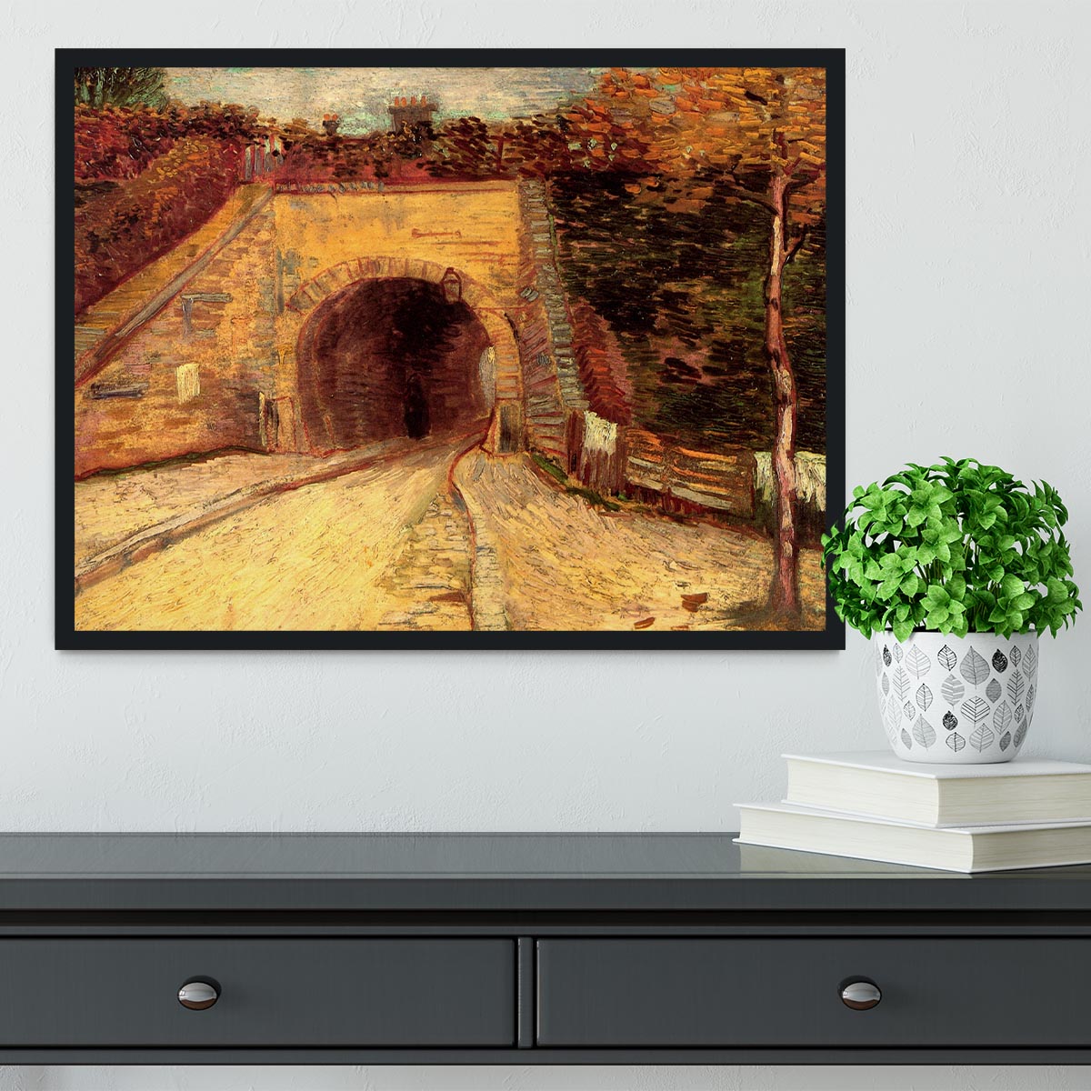 Framed print of Van Gogh's 'Roadway with Underpass The Viaduct' showcasing vibrant colors and quality craftsmanship.