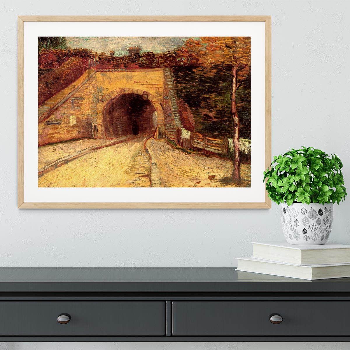 Framed print of Van Gogh's 'Roadway with Underpass The Viaduct' showcasing vibrant colors and quality craftsmanship.