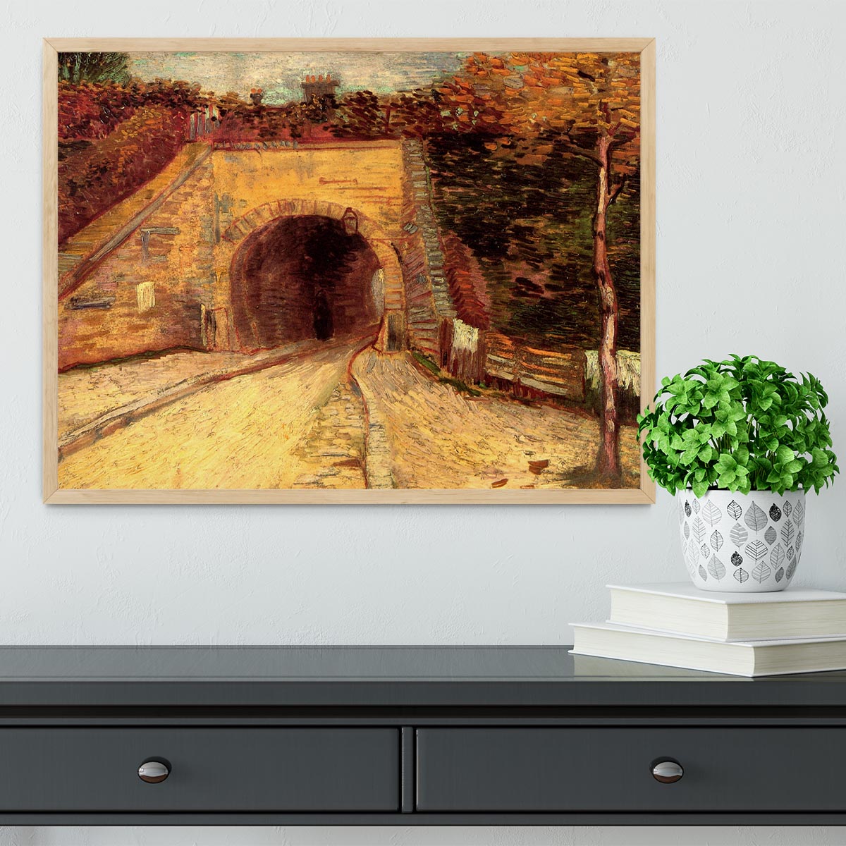 Framed print of Van Gogh's 'Roadway with Underpass The Viaduct' showcasing vibrant colors and quality craftsmanship.