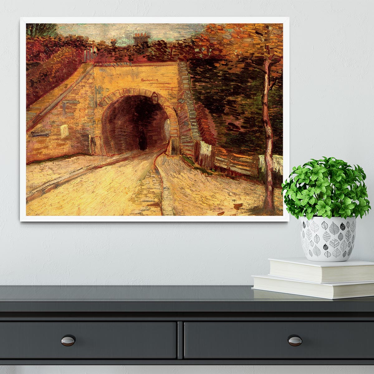 Framed print of Van Gogh's 'Roadway with Underpass The Viaduct' showcasing vibrant colors and quality craftsmanship.