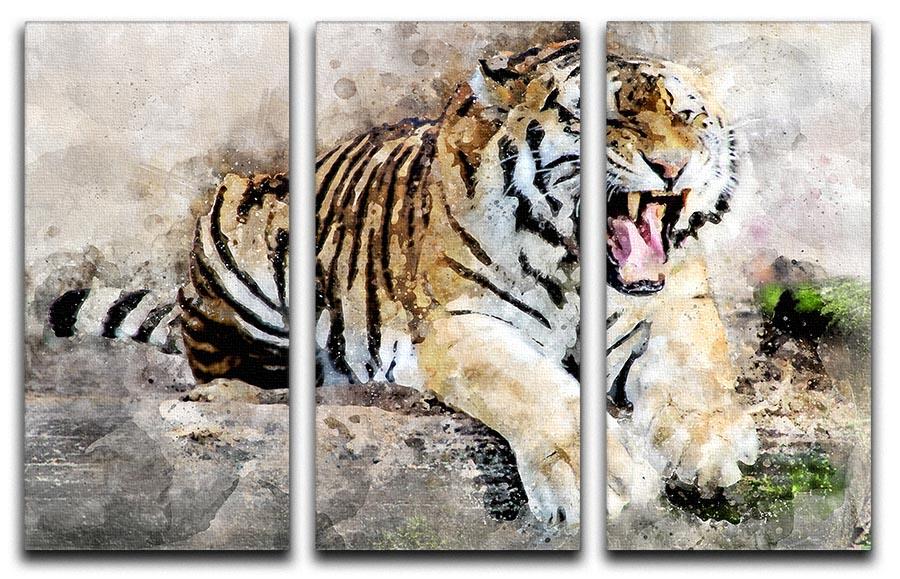 Roaring Tiger 3 Split Panel Canvas Print showcasing a majestic tiger in vibrant colors across three panels.