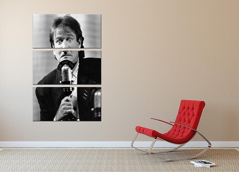 A stunning 3-panel canvas print featuring Robin Williams at the microphone, showcasing vibrant colors and high-quality artwork.