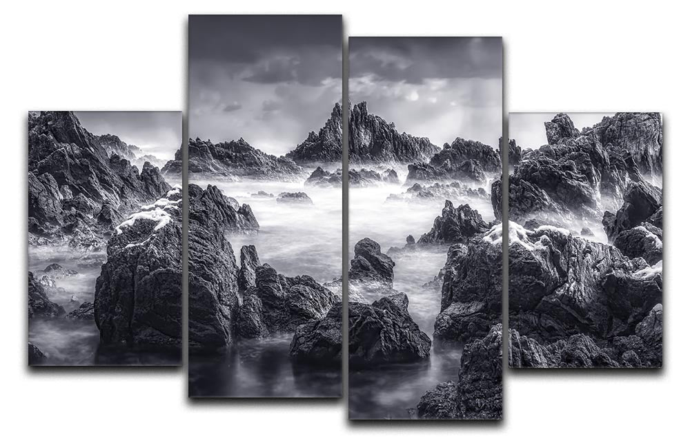 Rocky Seascape 4 Split Panel Canvas artwork showcasing a serene coastal scene divided into four panels.