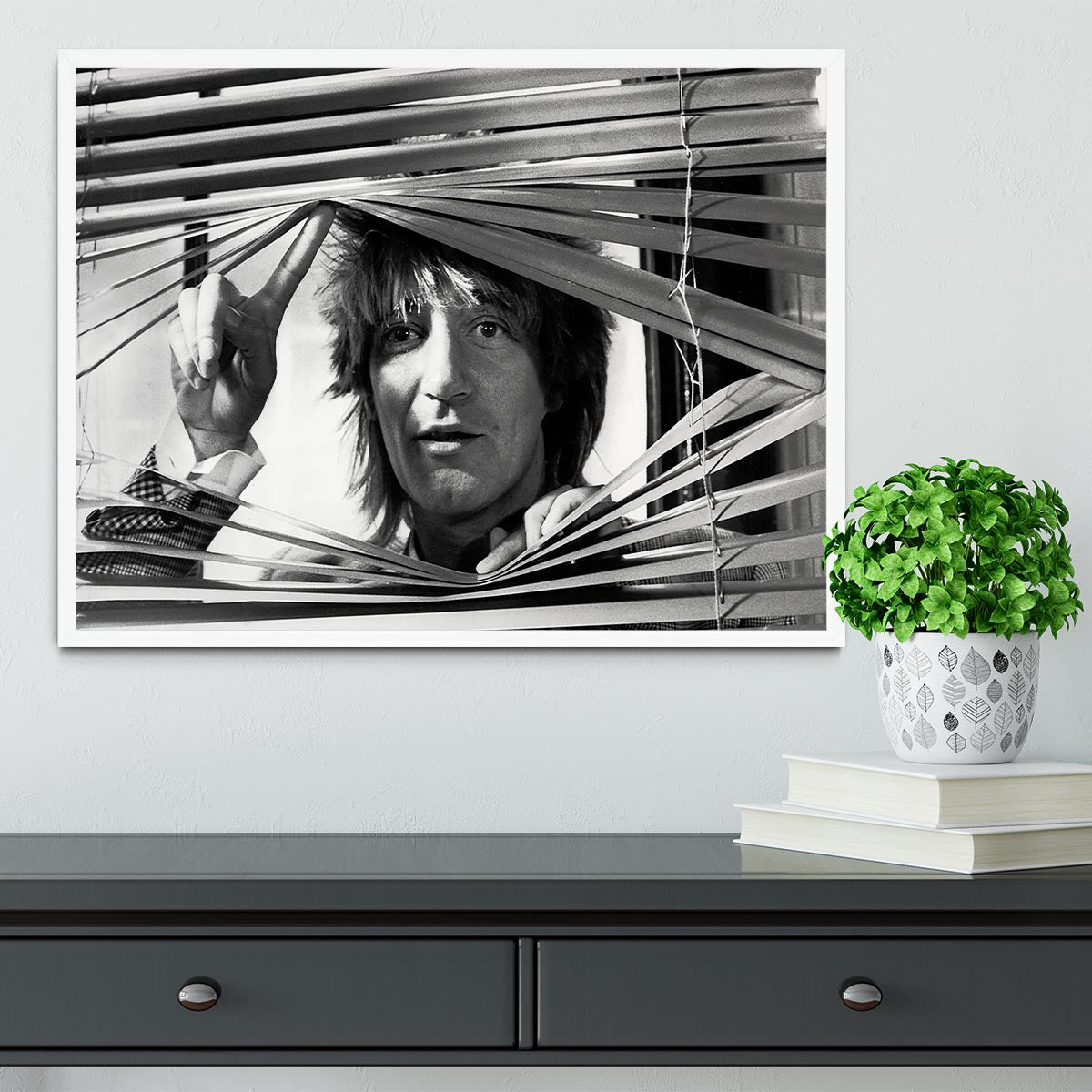 Framed print of Rod Stewart from 1983, showcasing vibrant colors and high-quality craftsmanship.