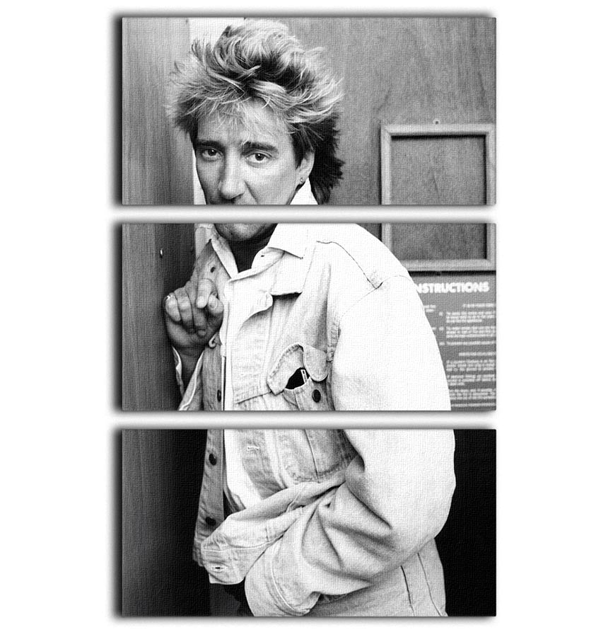 Rod Stewart in 1986 depicted in a stunning 3-panel canvas print, showcasing vibrant colors and iconic imagery.