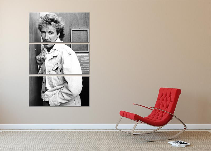 Rod Stewart in 1986 depicted in a stunning 3-panel canvas print, showcasing vibrant colors and iconic imagery.