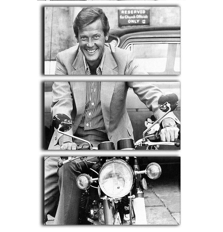 Three-panel canvas print featuring Roger Moore on a motorbike, showcasing vibrant colors and dynamic composition.