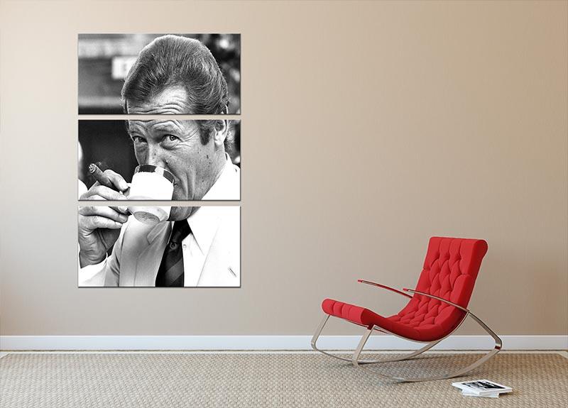 A stylish 3-panel canvas print featuring Roger Moore enjoying coffee and a cigar, perfect for home decor.