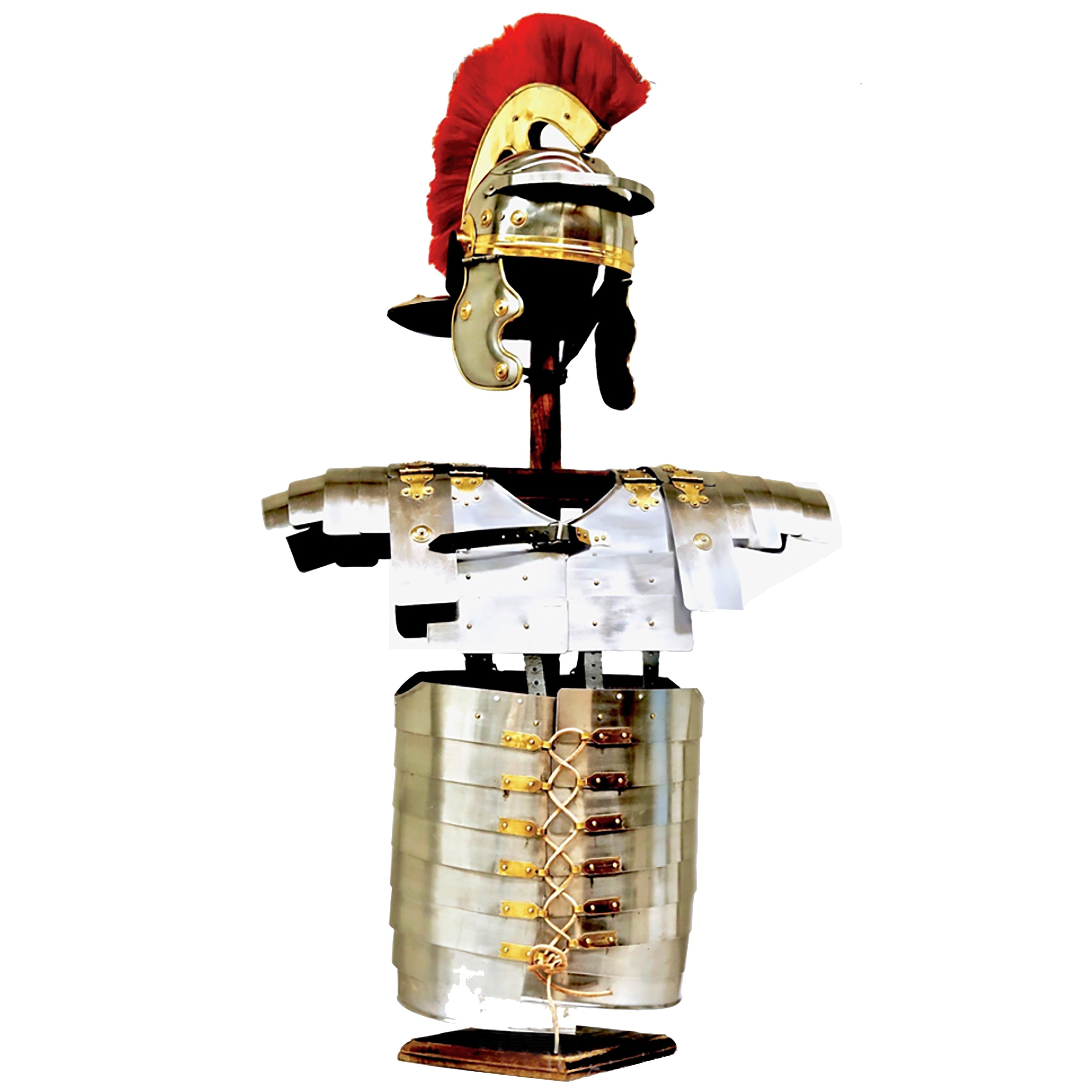 Handcrafted Roman Centurion Armour Set featuring steel alloy lorica segmentata, helmet, and wooden stand, perfect for decor and gifting.