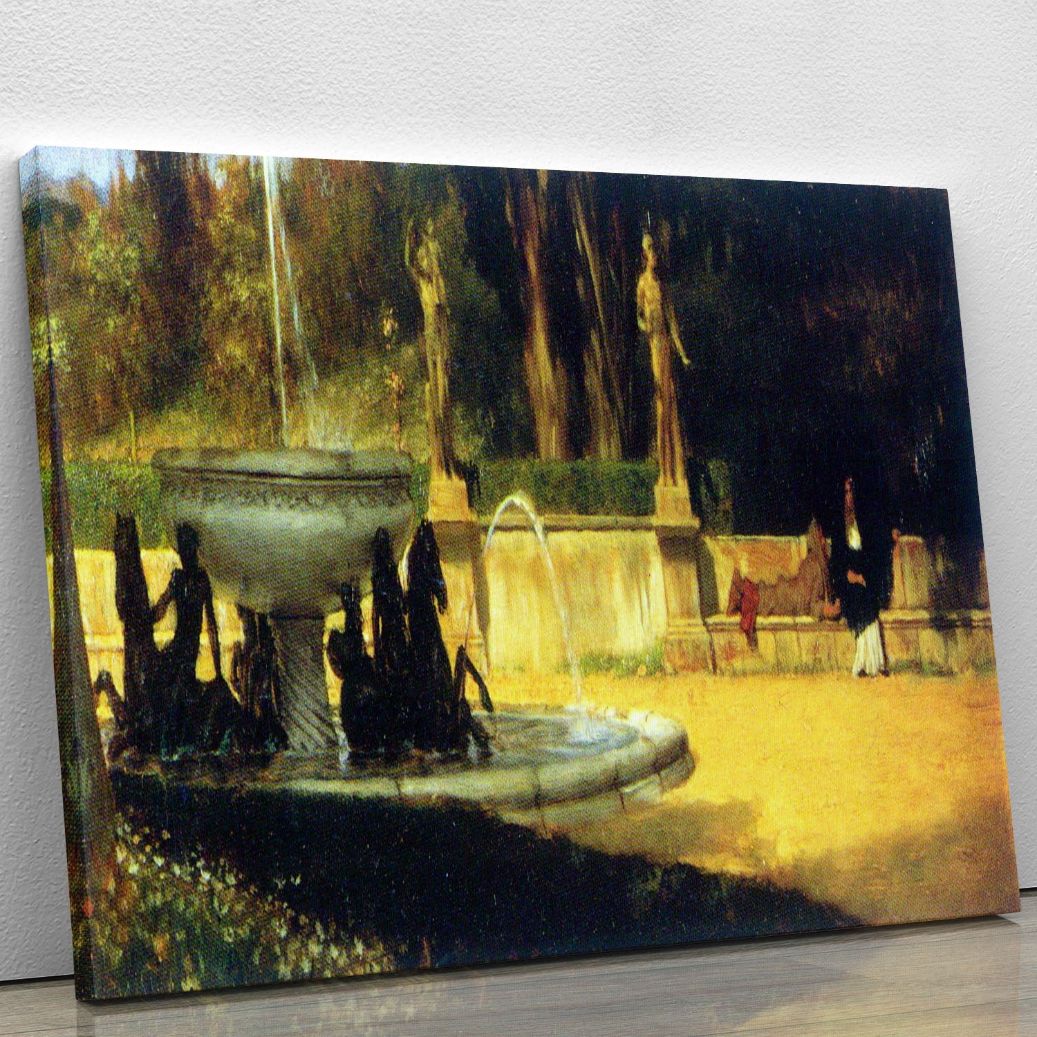 A beautiful canvas print of the Roman Garden by Alma Tadema, showcasing lush greenery and intricate details in a serene setting.