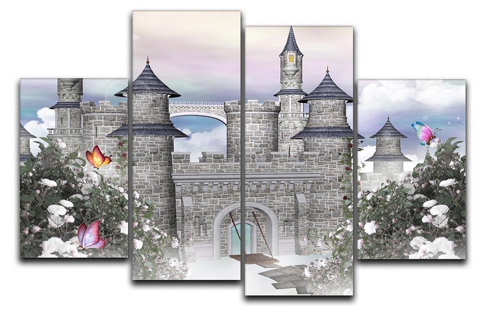 Romantic Castle 4 Split Panel Canvas artwork featuring a fairytale castle in a serene landscape, divided into four panels.