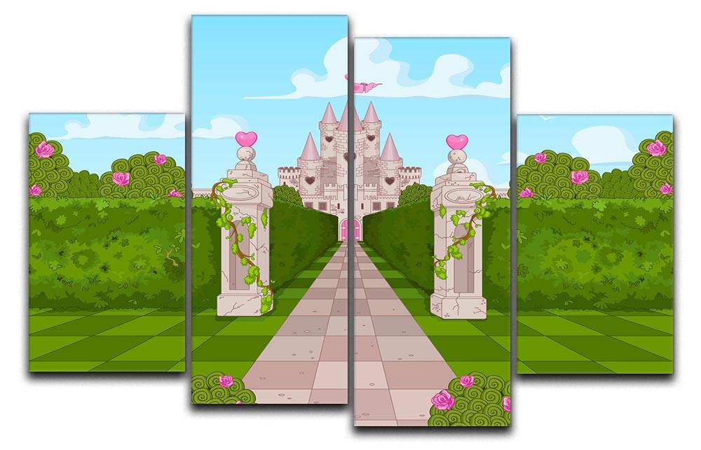 Romantic Castle Landscape 4 Split Panel Canvas artwork featuring a majestic castle and serene landscape, divided into four panels.