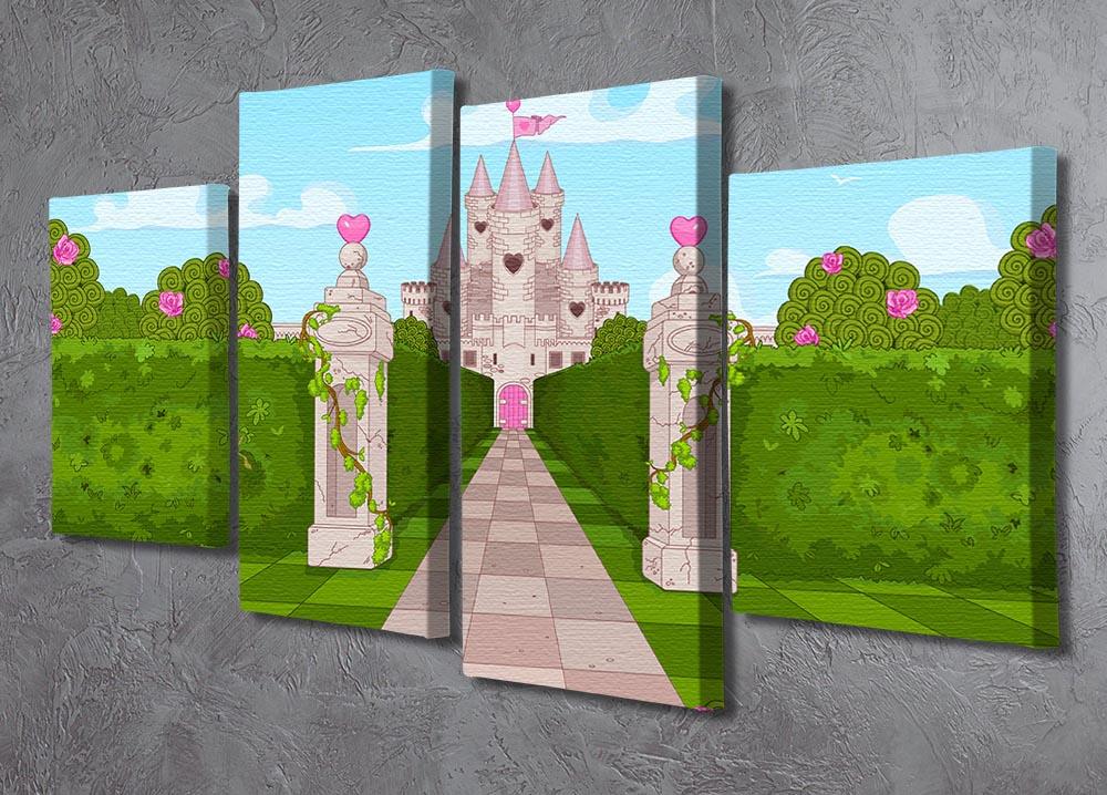 Romantic Castle Landscape 4 Split Panel Canvas artwork featuring a majestic castle and serene landscape, divided into four panels.
