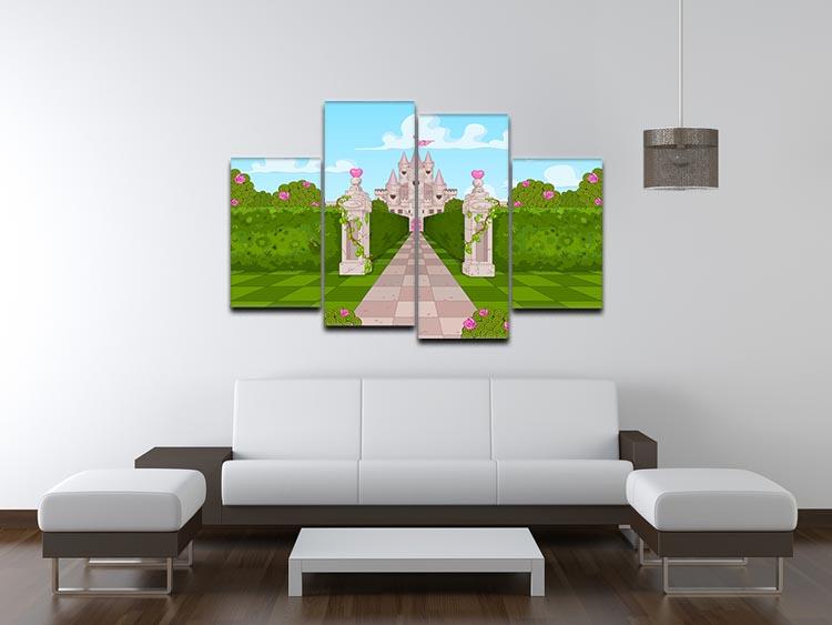 Romantic Castle Landscape 4 Split Panel Canvas artwork featuring a majestic castle and serene landscape, divided into four panels.