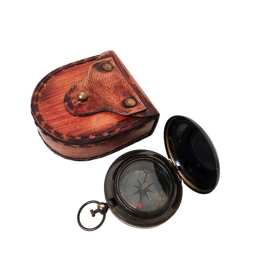 Ross London 45mm Pocket Compass with brass antique finish and leather case, showcasing its elegant design and functionality.