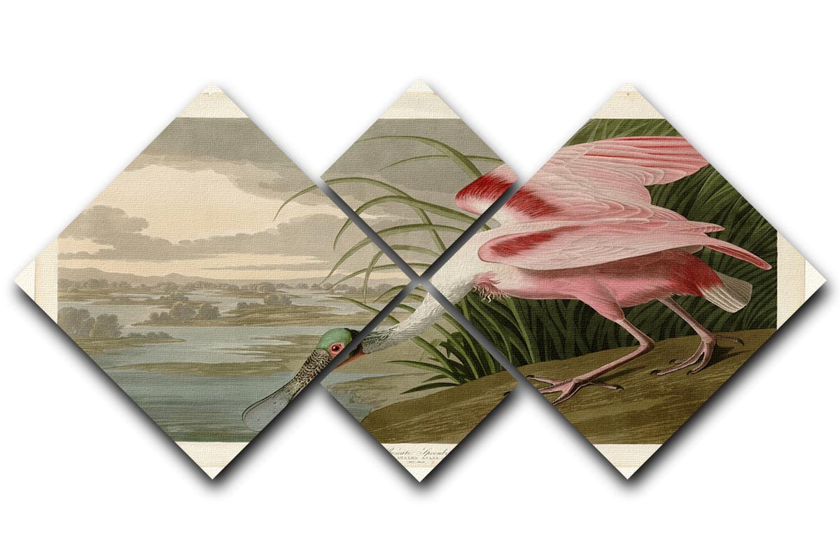 A beautiful multi-panel canvas artwork featuring a Roseate Spoonbill, showcasing vibrant pink colors and intricate details across four square sections.