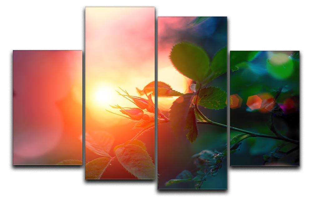 A beautiful 4-split canvas artwork featuring rosebuds against a vibrant sunset background, showcasing rich colors and a dynamic design.