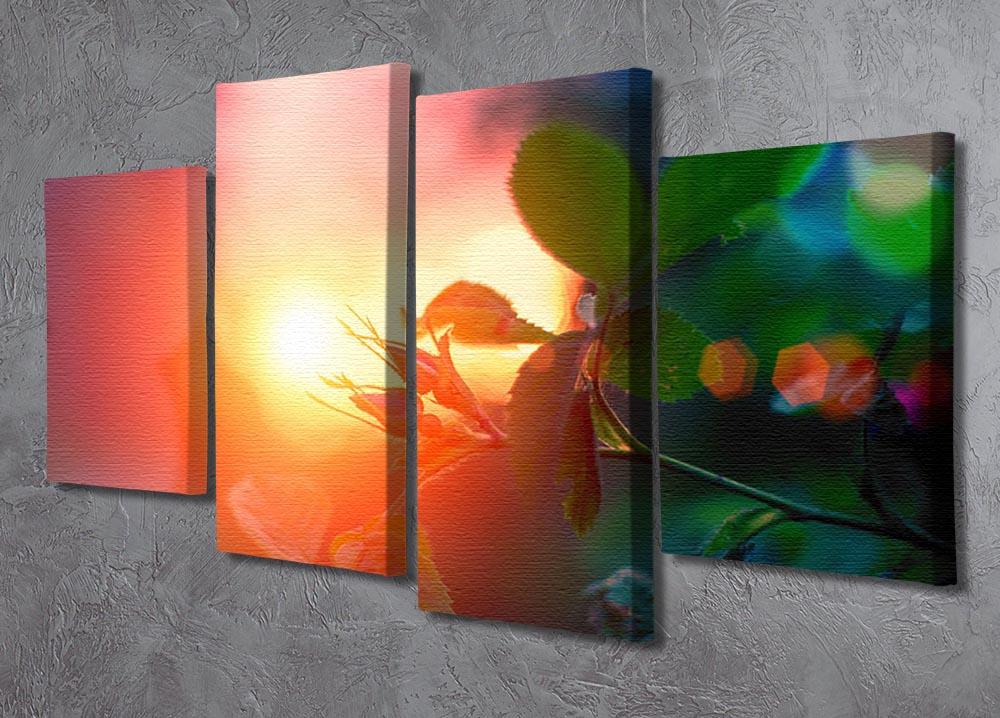 A beautiful 4-split canvas artwork featuring rosebuds against a vibrant sunset background, showcasing rich colors and a dynamic design.