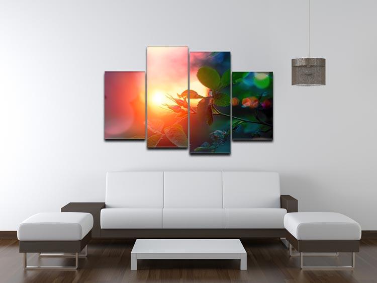A beautiful 4-split canvas artwork featuring rosebuds against a vibrant sunset background, showcasing rich colors and a dynamic design.