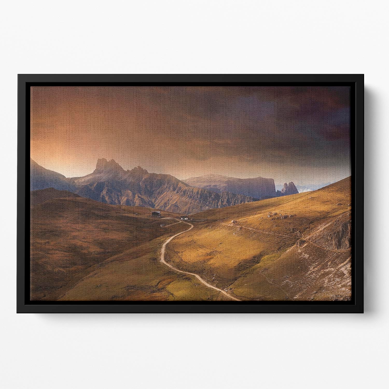 Rosszaehne Floating Framed Canvas featuring vibrant abstract art in a handcrafted wooden frame, adding color and style to any room.