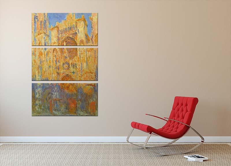 Three-panel canvas print of Rouen Cathedral Facade at Sunset by Monet, showcasing vibrant colors and intricate details.