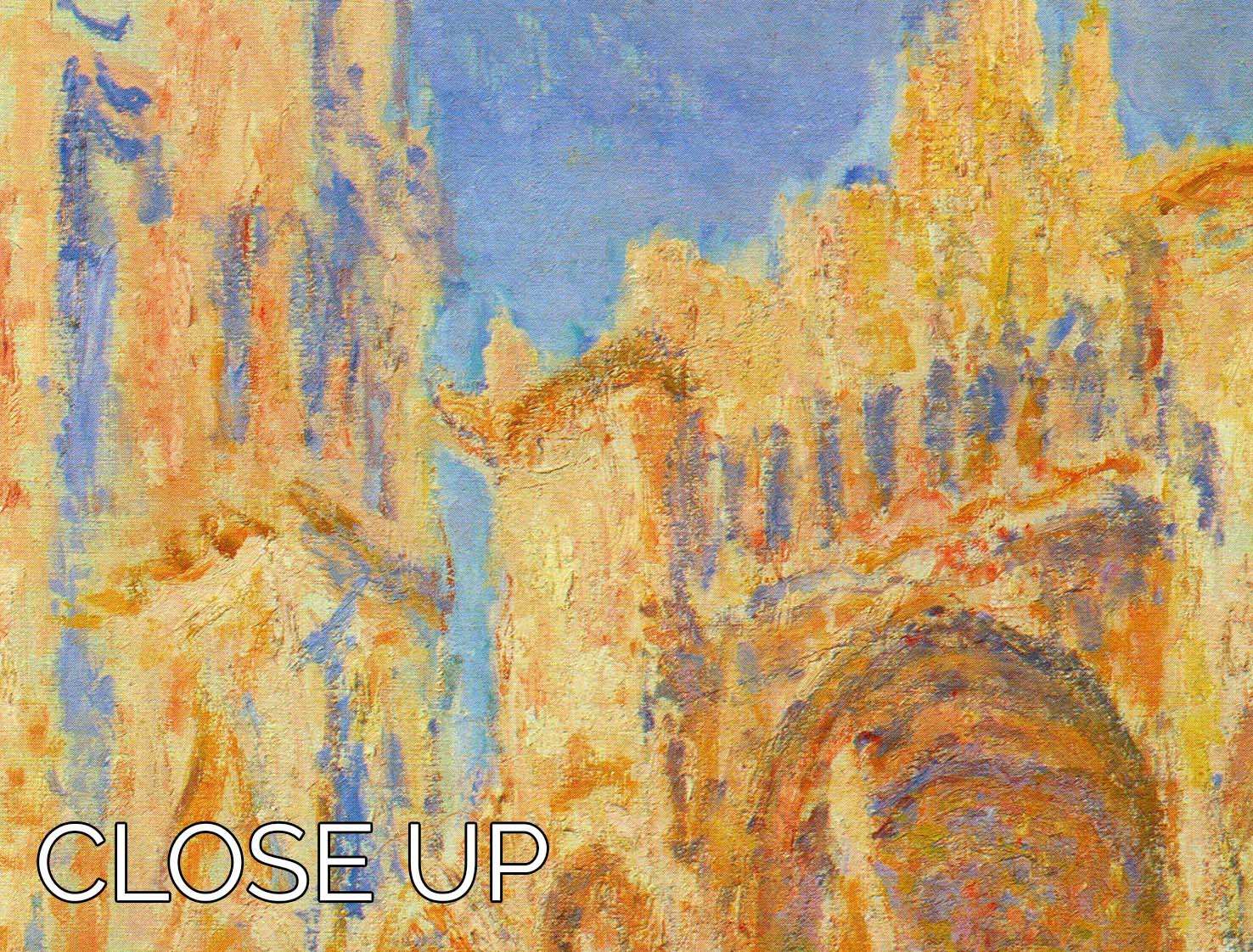 Three-panel canvas print of Rouen Cathedral Facade at Sunset by Monet, showcasing vibrant colors and intricate details.
