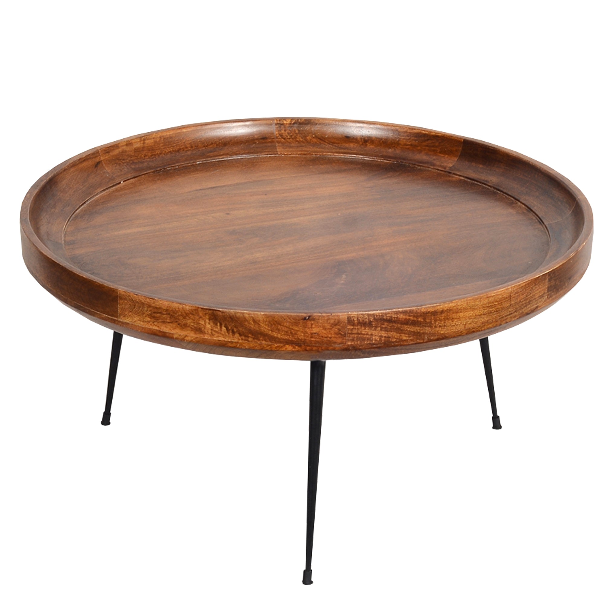 Round mango wood coffee table with splayed black metal legs, showcasing a rich brown finish and elegant design.