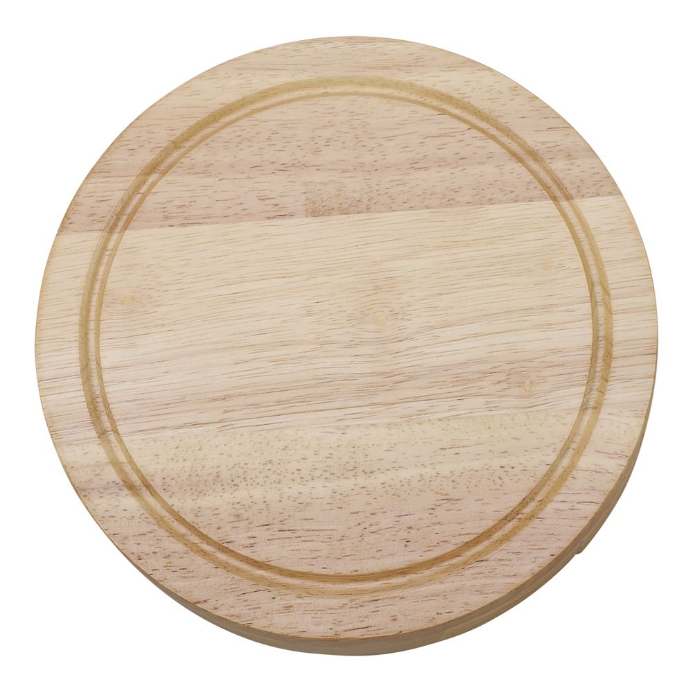 Round rubber wood cheeseboard with stainless steel utensils in a drawer, elegantly designed for serving cheese.