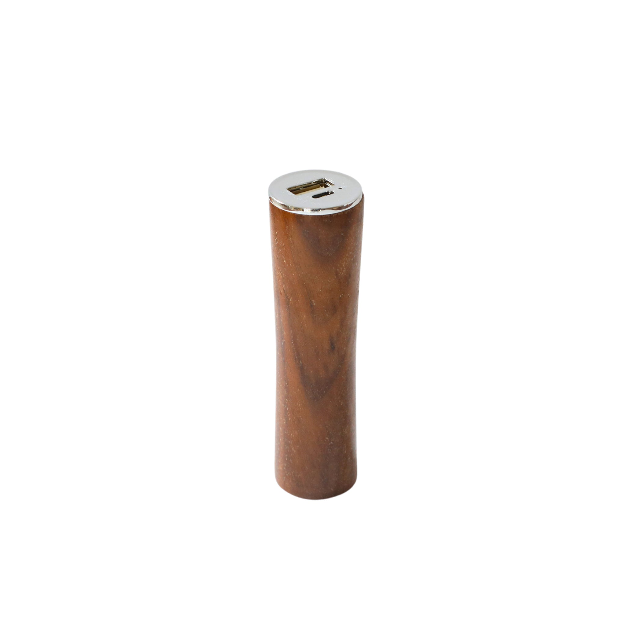 Round Tube Walnut Power Bank Charger showcasing its unique wooden design and compact size.