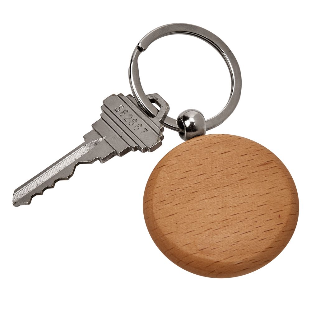 A beautifully crafted 1.75" round wood keychain with smooth finish, perfect for engraving.