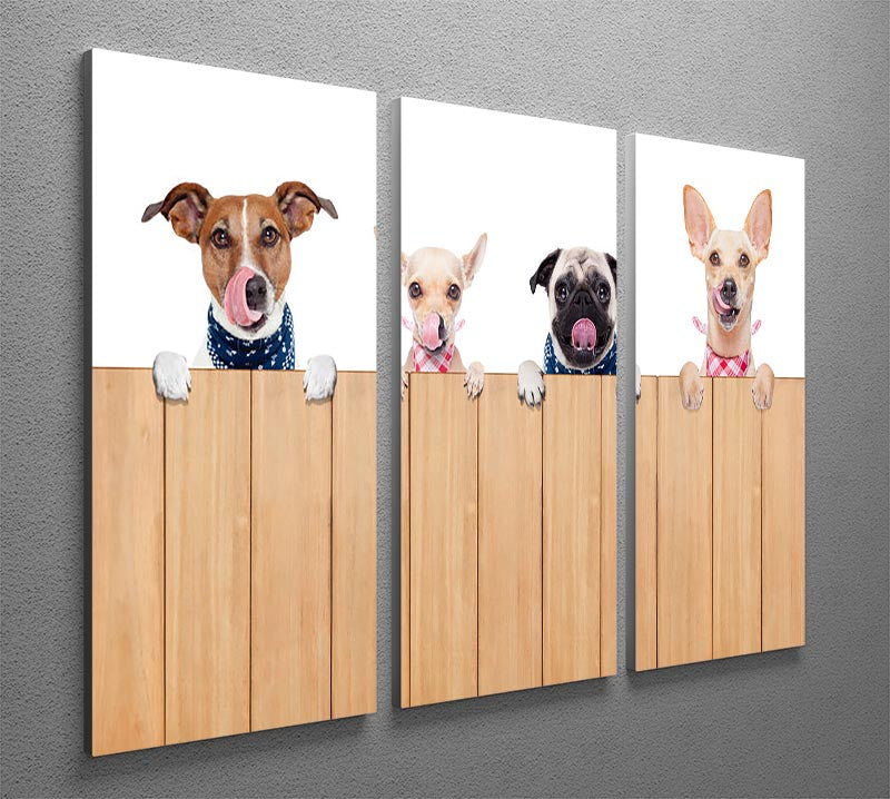 A beautiful 3-panel canvas print featuring a row of dogs, showcasing their playful and loyal nature, perfect for home decor.
