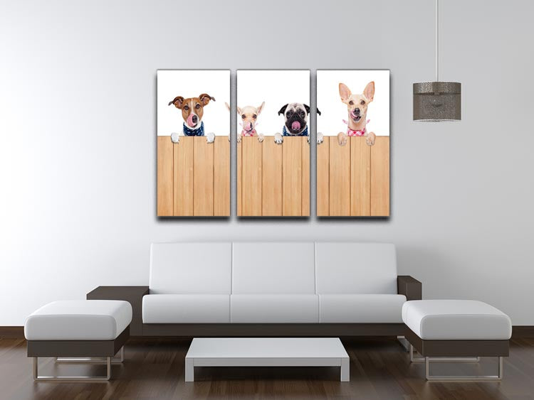 A beautiful 3-panel canvas print featuring a row of dogs, showcasing their playful and loyal nature, perfect for home decor.