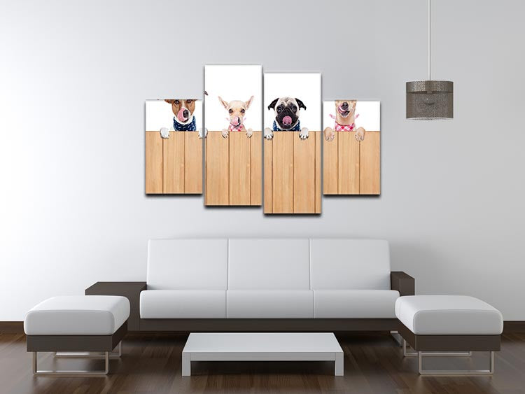 A vibrant 4-split canvas artwork featuring a row of dogs, showcasing their playful nature and camaraderie.