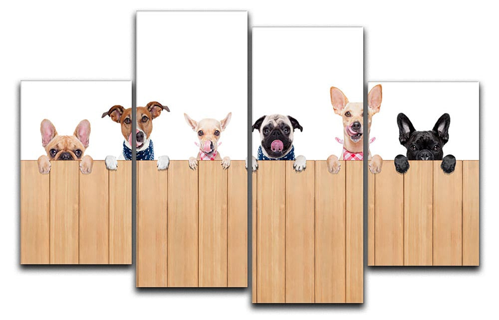 A vibrant 4-split canvas artwork featuring a row of dogs, showcasing their playful and loving nature in a cohesive design.