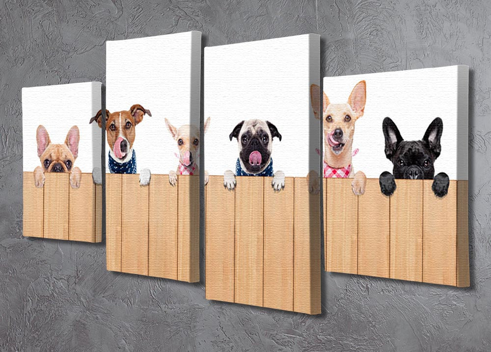 A vibrant 4-split canvas artwork featuring a row of dogs, showcasing their playful and loving nature in a cohesive design.