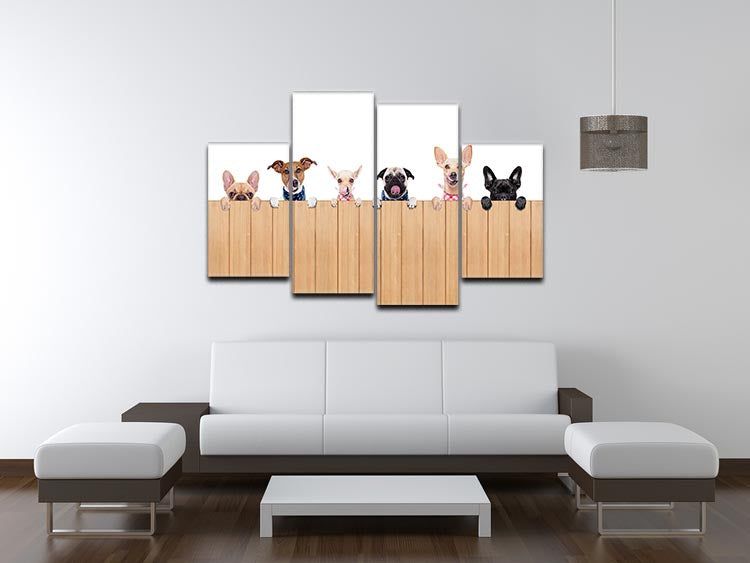 A vibrant 4-split canvas artwork featuring a row of dogs, showcasing their playful and loving nature in a cohesive design.